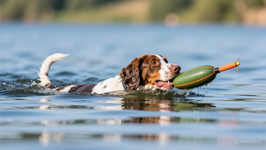Hond die een flinke afstand zwemt om de dummy op te halen.