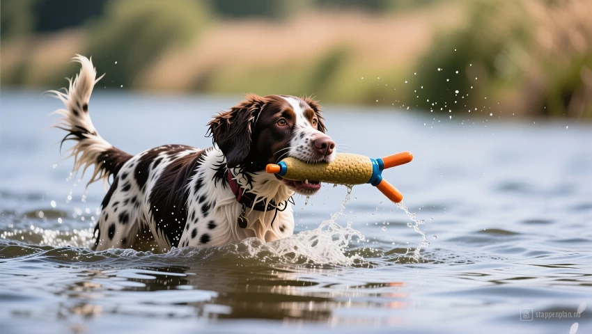 Hond haalt dummy op in verschillende wateromgevingen en laat zijn veelzijdigheid zien.