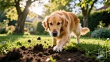 Gouden retriever graaft in de tuin