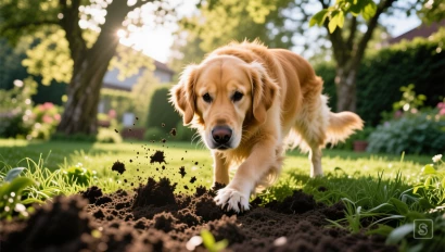 Gouden retriever graaft in de tuin