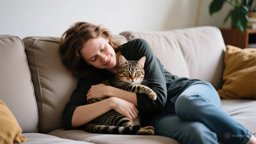 Baasje knuffelt met kat op de bank.