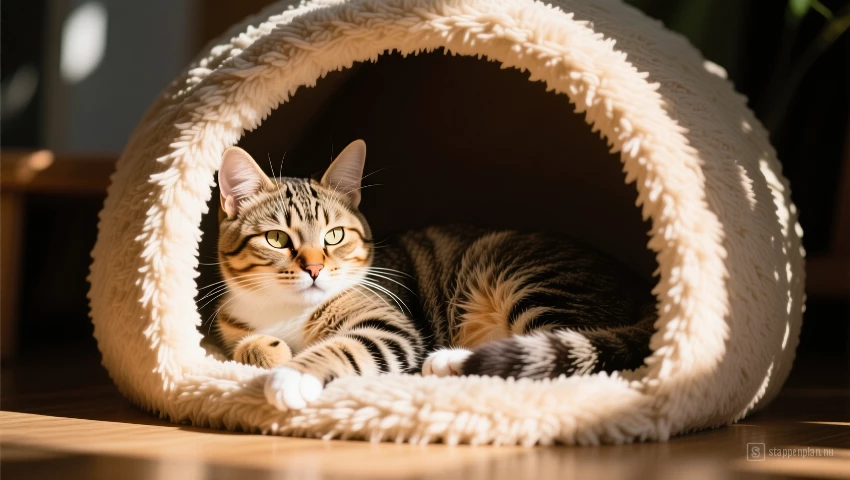 Kat rust comfortabel in een zonnestraal in een gezellige kattenhut.