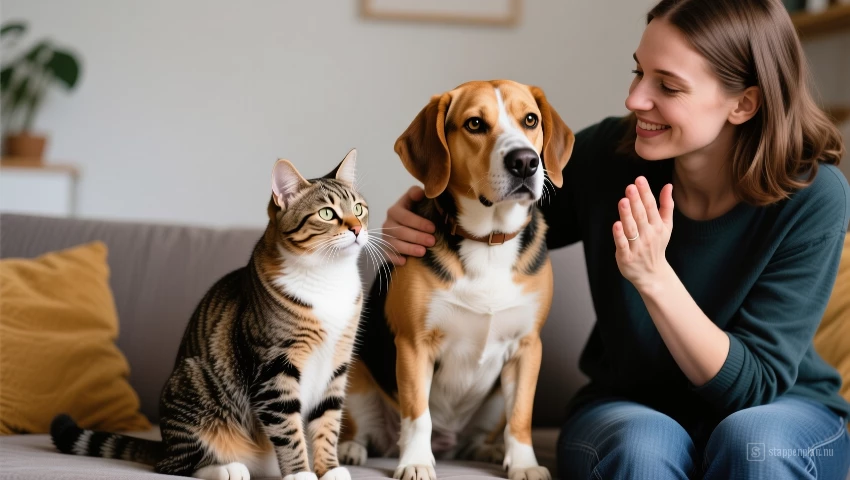 Kat en hond zitten rustig naast elkaar, baasje geeft lof en genegenheid.