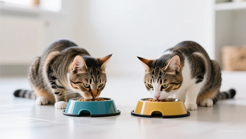 Twee katten eten uit aparte voerbakken.