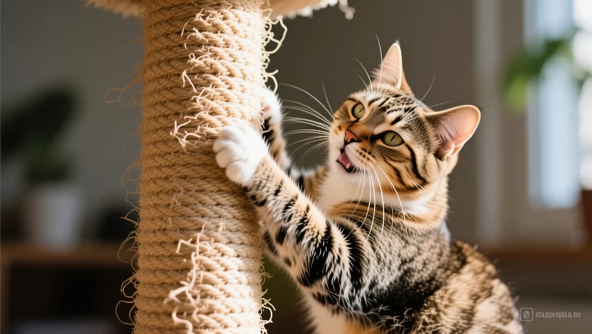 Katten die gelukkig op een sisal krabpaal krabt.
