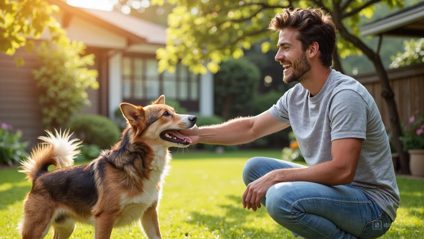 Hond en zijn eigenaar genieten van een leuke trainingssessie in een achtertuin.