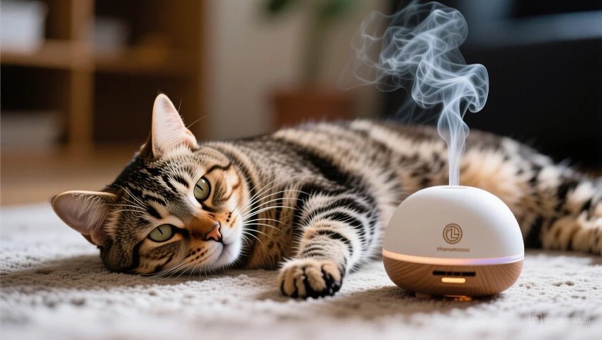 Een kat die comfortabel ligt bij een feromoonverspreider.