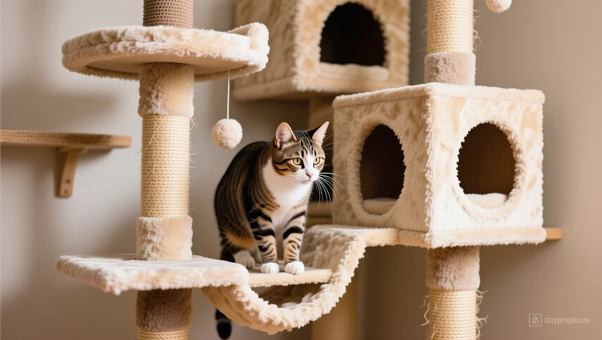 Katten die een kattenboom verkennen.