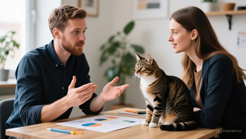 Een katten gedragstherapeut die een trainingsplan uitlegt aan een kattenbezitter.
