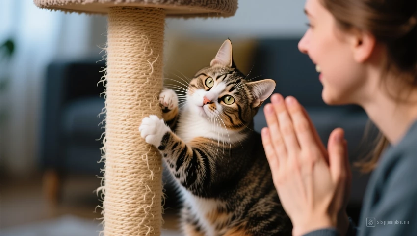 Katten die gelukkig krabben op een krabpaal, geprezen door een mens.