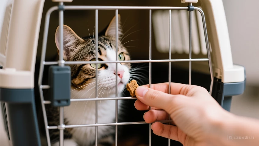 Persoon geeft kat een traktatie door de tralies.