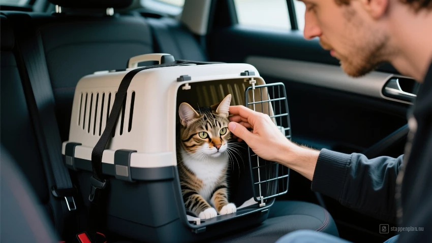 Persoon aait kat in reismand in de auto.