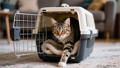 Kat waagt een stap in de open reismand.