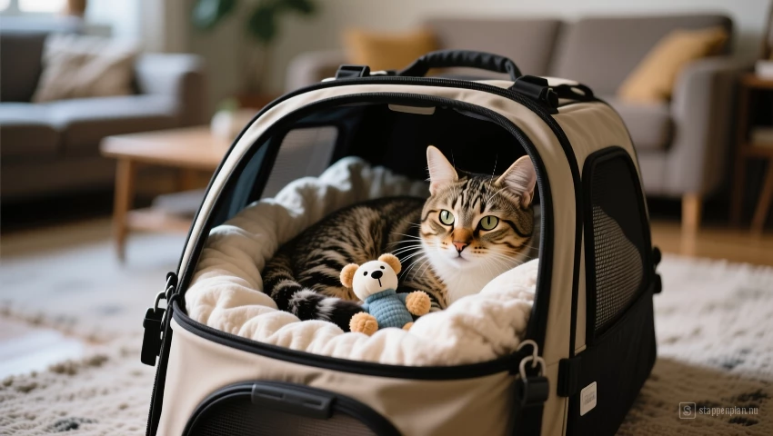 Kat ligt comfortabel in reismand met zachte bedding.