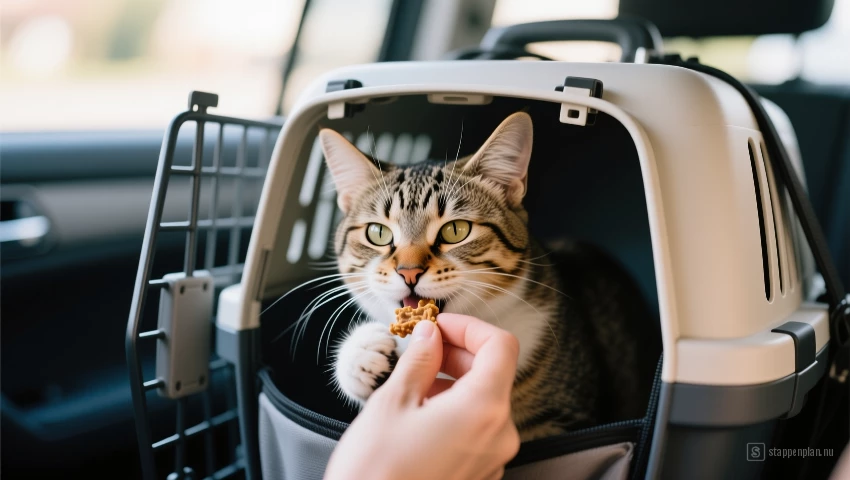 Kat geniet van traktatie in reismand tijdens autorit.
