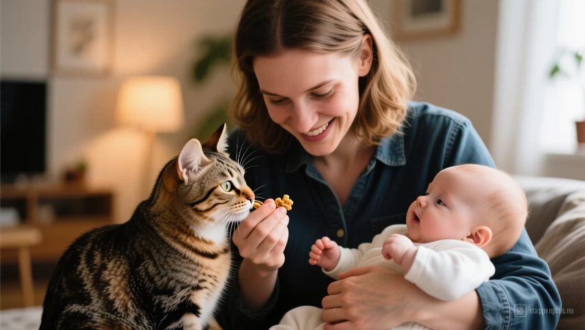 Ouder die de kat een snoepje geeft.
