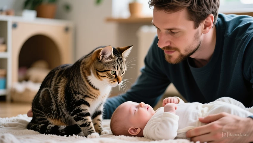 Kat en baby delen een rustig moment, toezicht door de ouder.