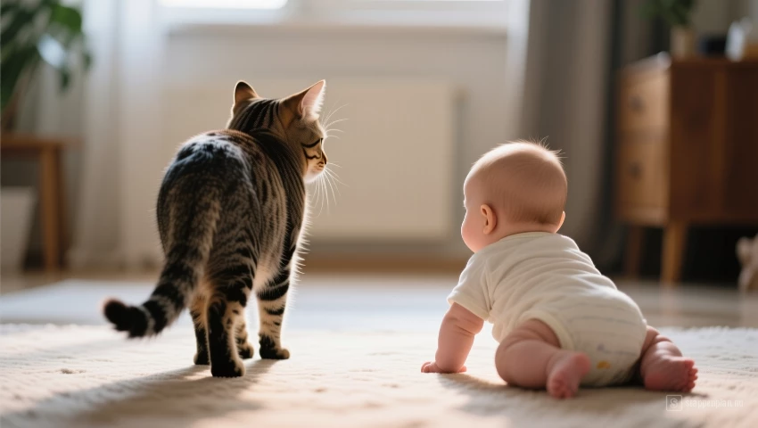 Kat die wegloopt van de baby.