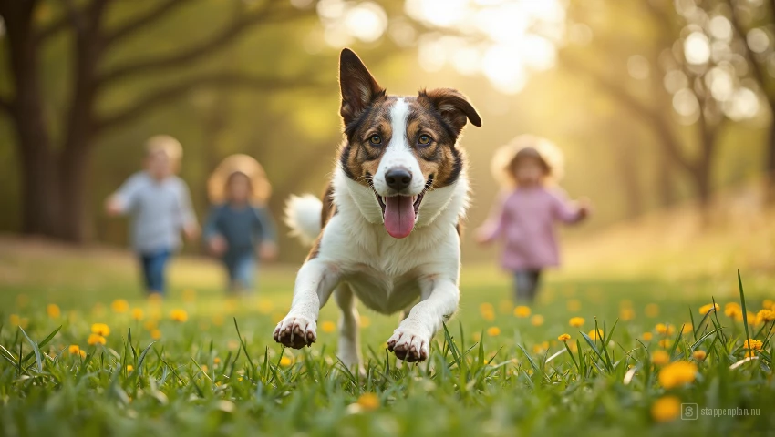Hond speelt frisbee met kinderen.