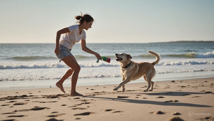 Hond rent naar speeltje op strand.