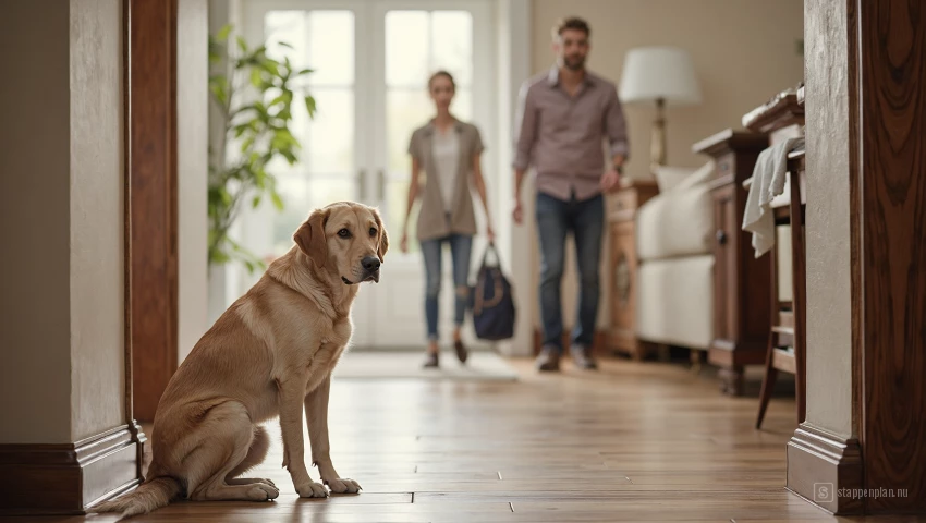 Hond wacht rustig bij de deur.