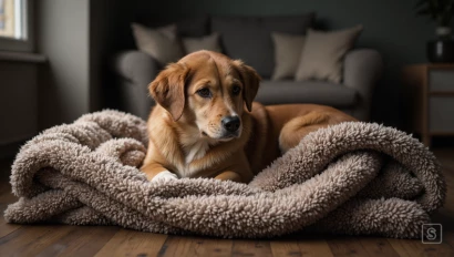 Hond ligt rustig op een zachte deken.