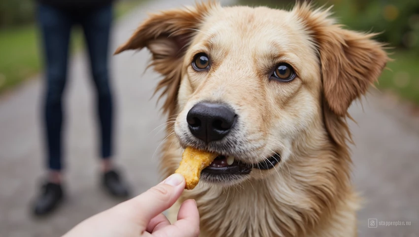 Close-up van een honden gezicht, rustige uitdrukking tijdens het ontvangen van een beloning.