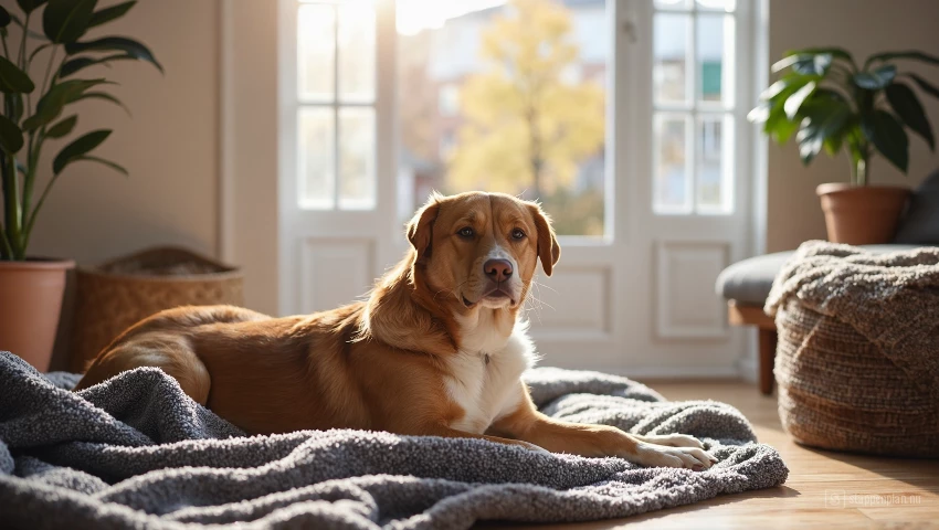 Hond ligt comfortabel op een deken binnen, met uitzicht op de straat.