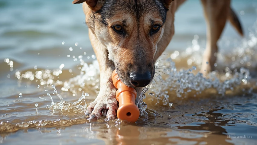 Hond die door het water spettert tijdens het ophalen van de dummy.