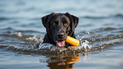 Labrador die zelfverzekerd door het water zwemt om de dummy op te halen.