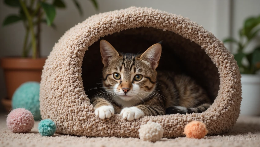 Kat die rust in een afgesloten bed, omringd door speelgoed.