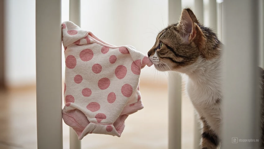 Kat die aan baby kleding snuffelt via een baby hek.