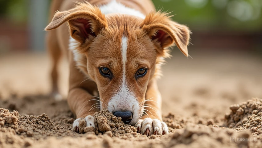 Hond geniet van het graven in het zand