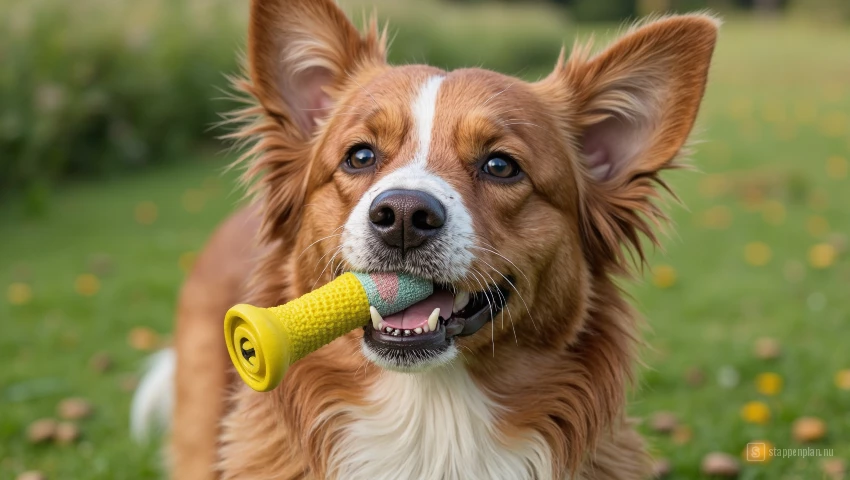 Hond speelt met favoriet speelgoed