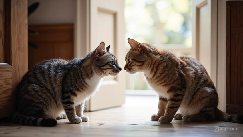 Twee katten snuffelen aan elkaar onder een dichte deur.