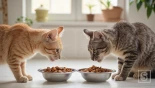 Twee katten eten uit aparte voerbakken.
