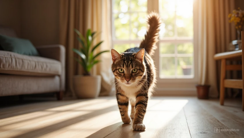 Kat loopt naar eigenaar toe in woonkamer.