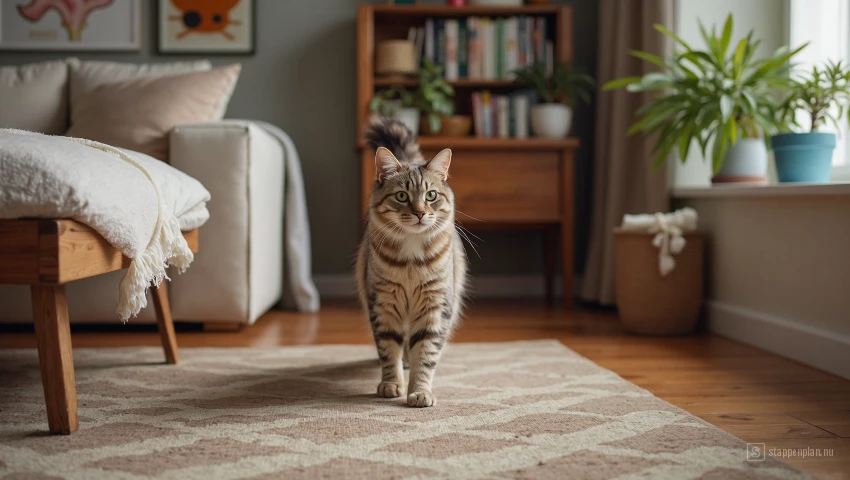 Kat loopt door kamer naar eigenaar, met meubels.