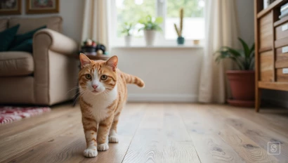 Kat loopt door kamer naar eigenaar, met meubels.