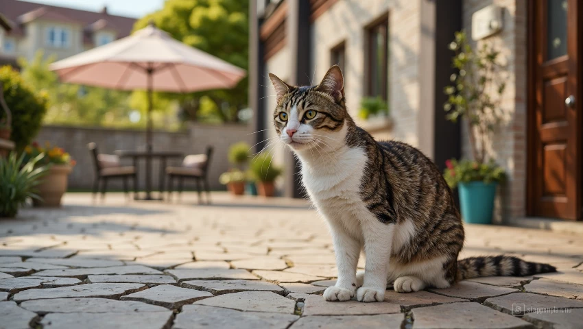 Kat zit rustig op terras terwijl eigenaar roept.