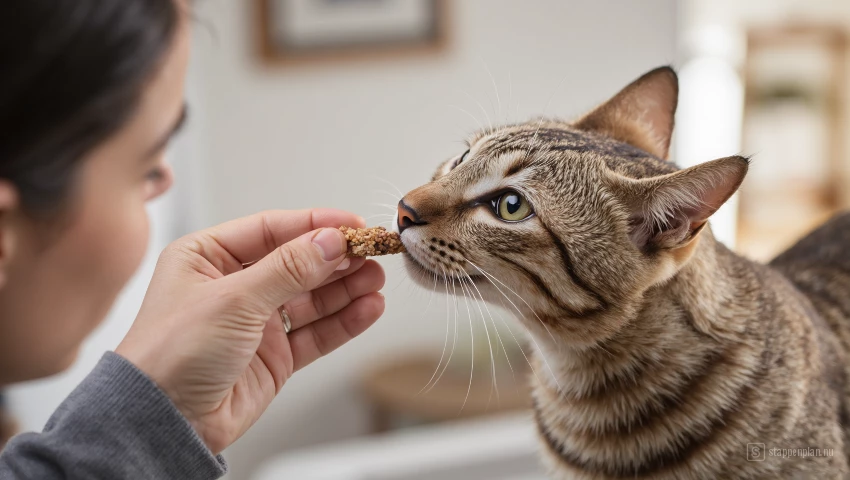 Persoon beloont consistent een kat voor correcte antwoorden tijdens training.