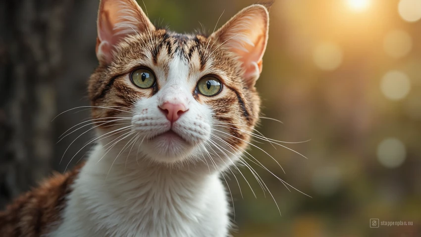 Kat kijkt tevreden naar eigenaar na het ontvangen van beloning.