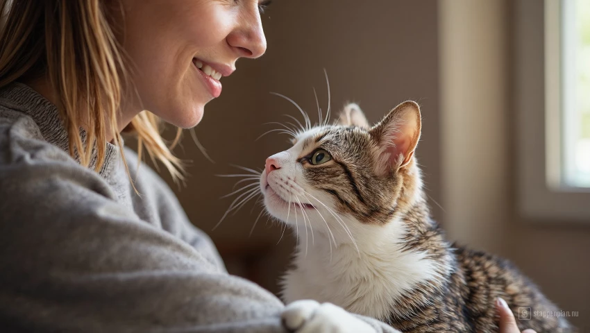 Kat en zijn eigenaar delen een liefdevol moment na een succesvolle trainingssessie.