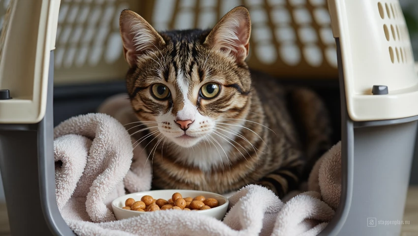 Kat geniet van snacks in de reismand.