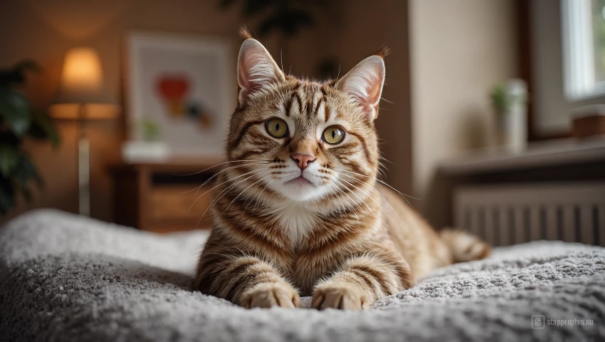 Een kalme en vredige woonomgeving met een gelukkige en goed opgevoede kat.