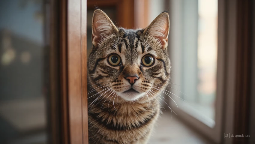 Katten die verward kijken nadat ze zijn genegeerd tijdens het krabben aan een deur.