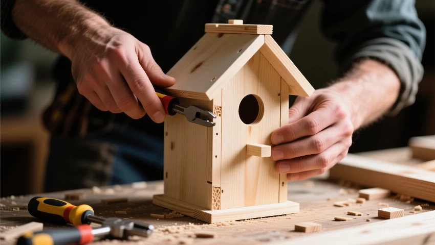 Persoon die een vogelhuis in elkaar zet.