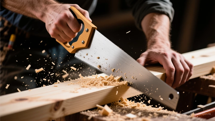 Persoon die een houten plank zaagt.