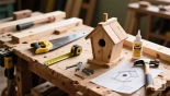 Werkbank met alle benodigde materialen voor het bouwen van een vogelhuis.