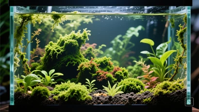 Close-up van een aquarium met verschillende algen